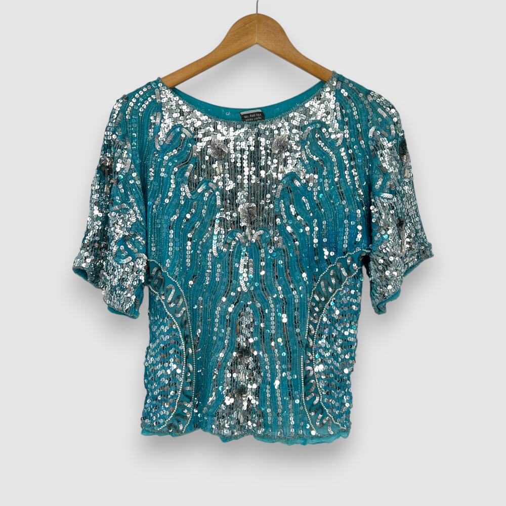 80s Vintage 100% Silk Sequin Beaded Top Blue Silver Size Medium